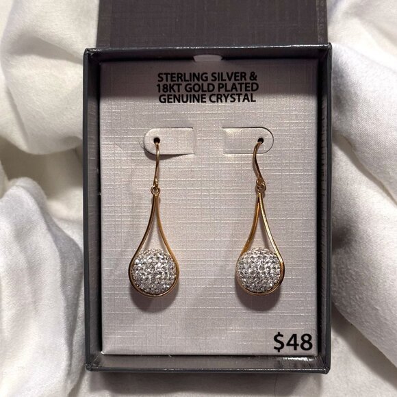 Sterling Silver 18KT Gold Plated Genuine Crystal Drop Earrings - Picture 1 of 3